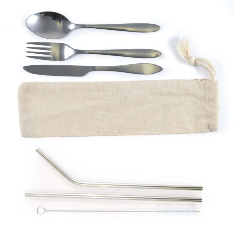 Picture of Banquet Stainless Steel Cutlery & Straw Set in Calico Pouch