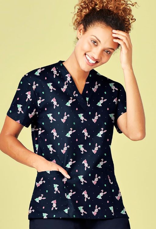 Picture of Womens Easter V-Neck Short Sleeve Scrub Top