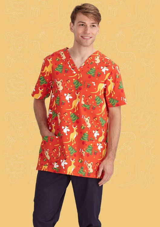 Picture of Mens Christmas V-Neck Short Sleeve Scrub Top