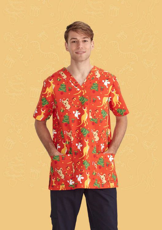 Picture of Mens Christmas V-Neck Short Sleeve Scrub Top