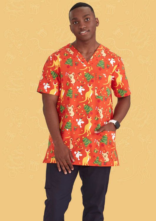 Picture of Mens Christmas V-Neck Short Sleeve Scrub Top