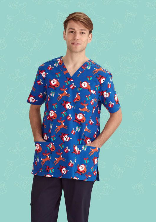 Picture of Mens Christmas V-Neck Short Sleeve Scrub Top