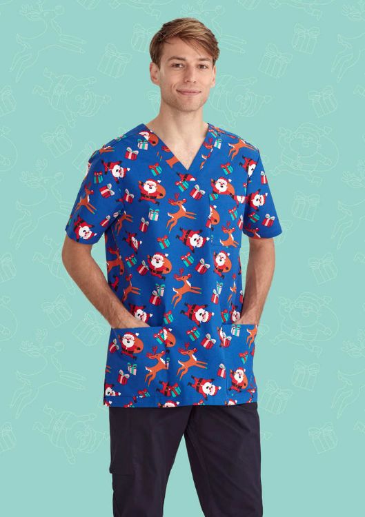 Picture of Mens Christmas V-Neck Short Sleeve Scrub Top