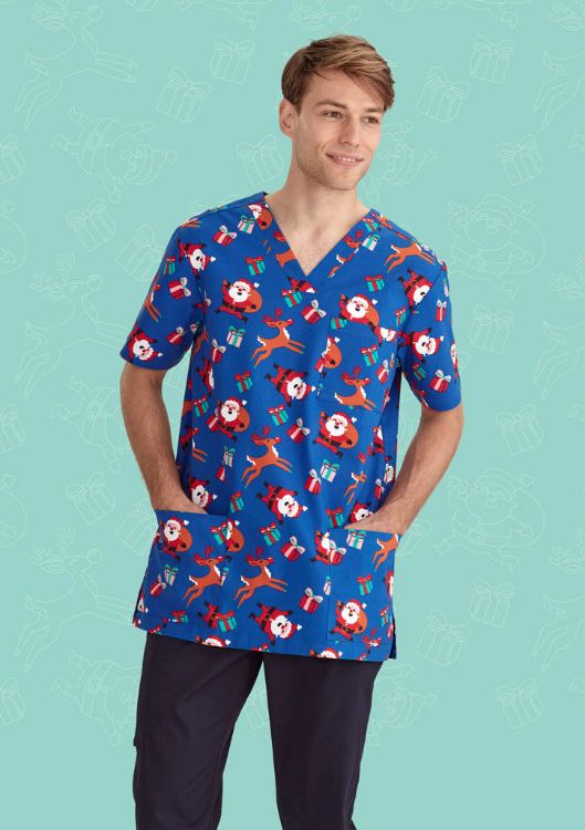 Picture of Mens Christmas V-Neck Short Sleeve Scrub Top