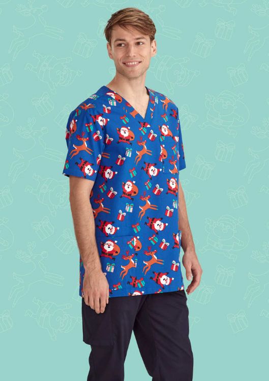 Picture of Mens Christmas V-Neck Short Sleeve Scrub Top