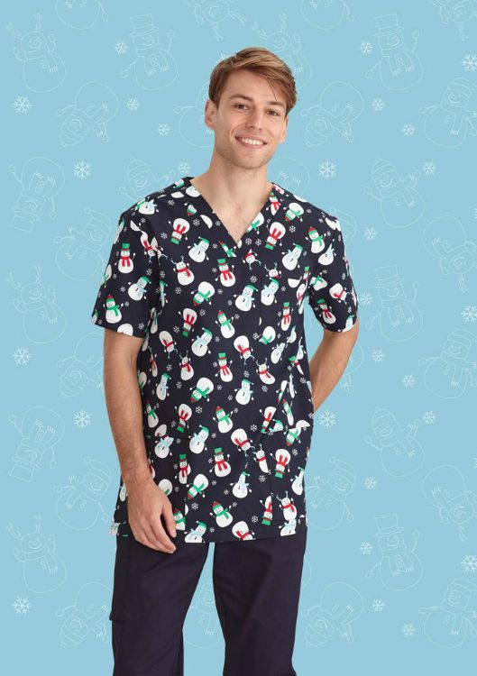 Picture of Mens Christmas V-Neck Short Sleeve Scrub Top