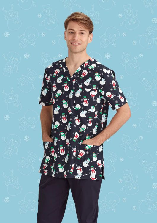 Picture of Mens Christmas V-Neck Short Sleeve Scrub Top