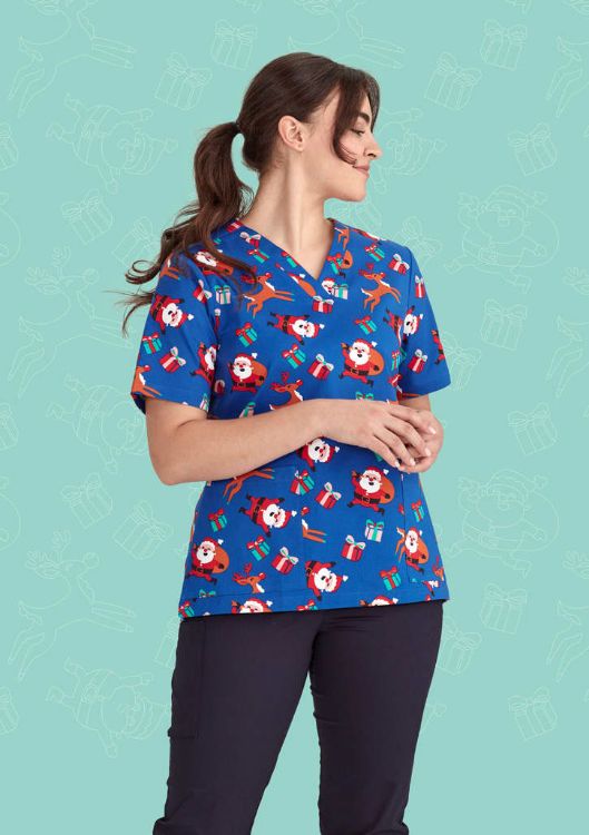 Picture of Womens Christmas V-Neck Short Sleeve Scrub Top