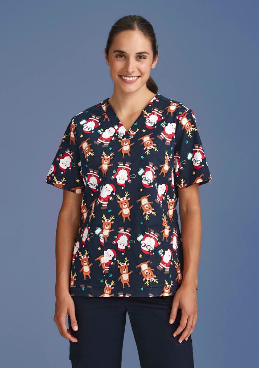 Picture of Womens Christmas Short Sleeve V-neck Scrub (Cotton)