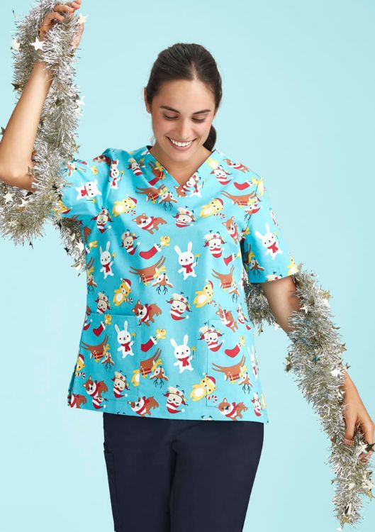 Picture of Womens Christmas Short Sleeve V-neck Scrub (Cotton)