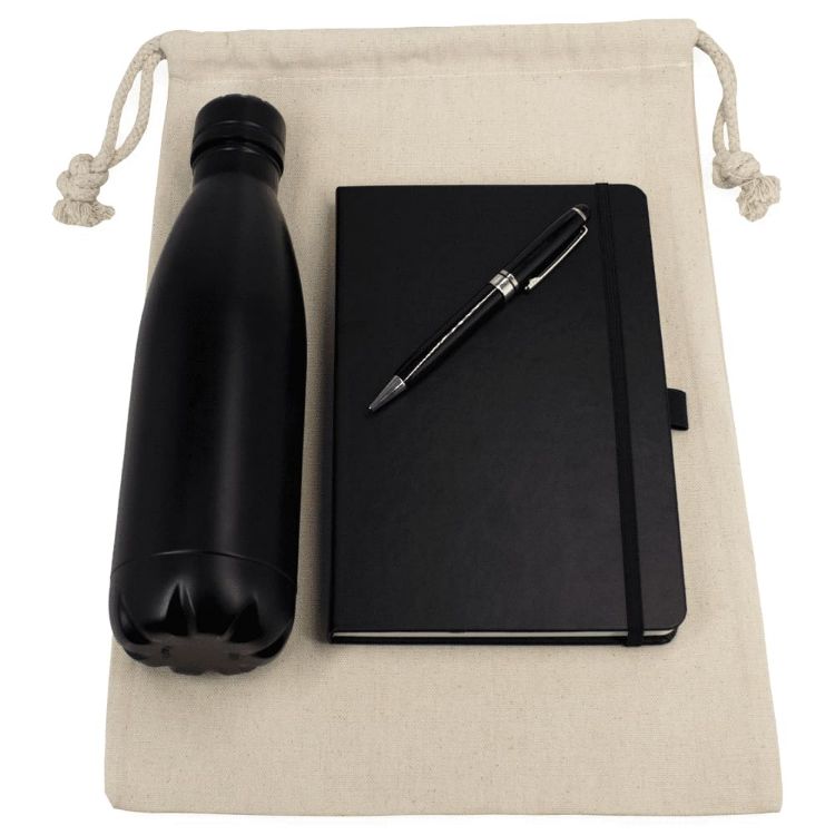 Picture of Gift Set - Cotton Drawstring Bag, Insulated Bottle, Journal & Pen